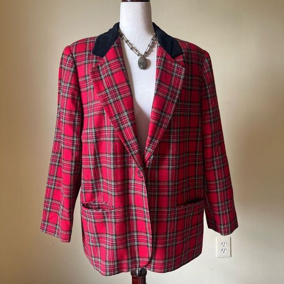 Vintage 90s Blazer Jacket Red Tartan Plaid Wool Blend Velvet Collar Size Large - Picture 8 of 8